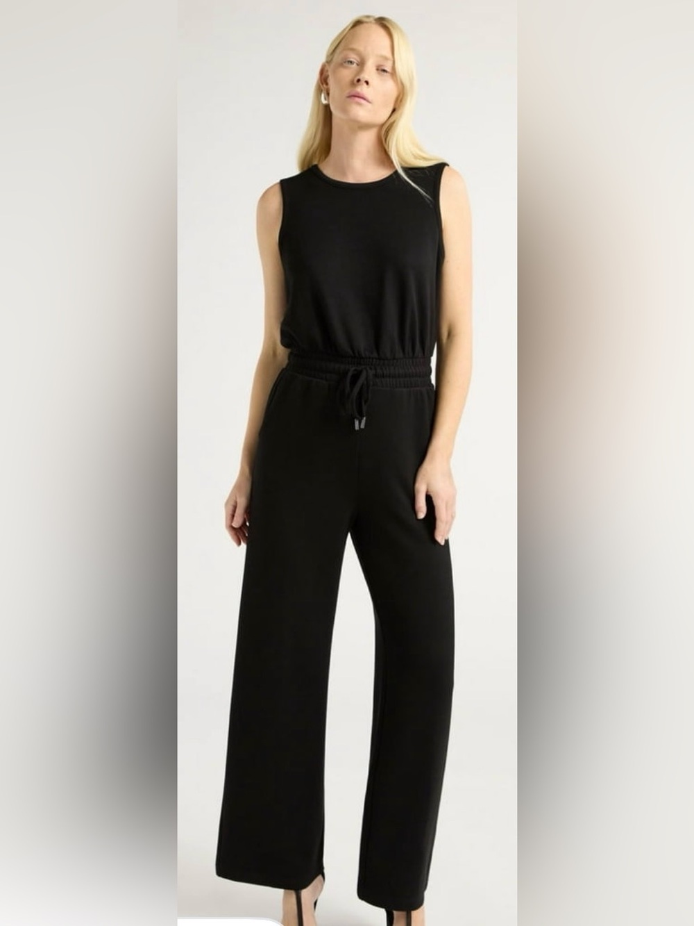 Scoop Scuba Knit Wide Leg Drawstring Jumpsuit - Black